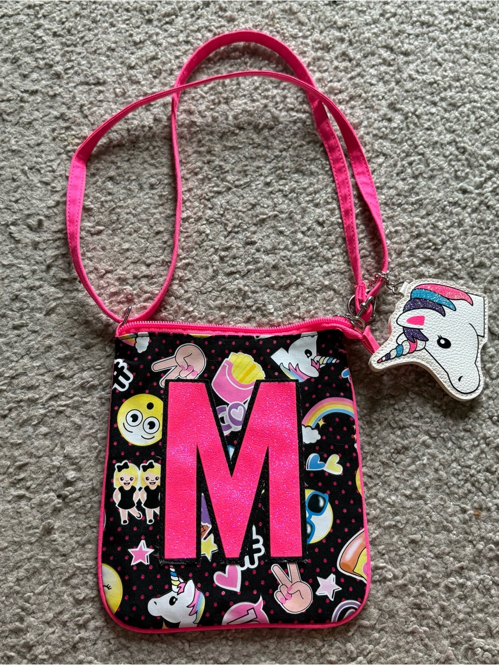 Justice Kids Pink Initial 'M' Crossbody Bag with Unicorn Charm Purse Pink Black